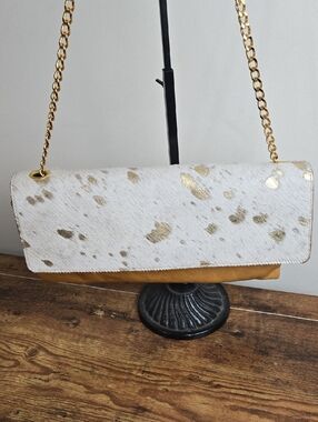 Glenda Gies Two-Tone Hair And Gold Leather Chain-Shoulder Clutch Bag Euro Boho